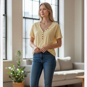 Yellow Button-Down Women's Top Thin Tee